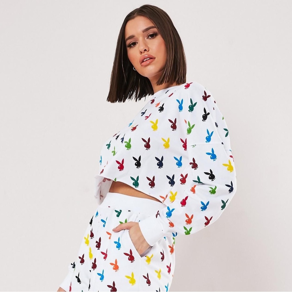 Playboy x Missguided White Monogram Print Cropped Sweatshirt